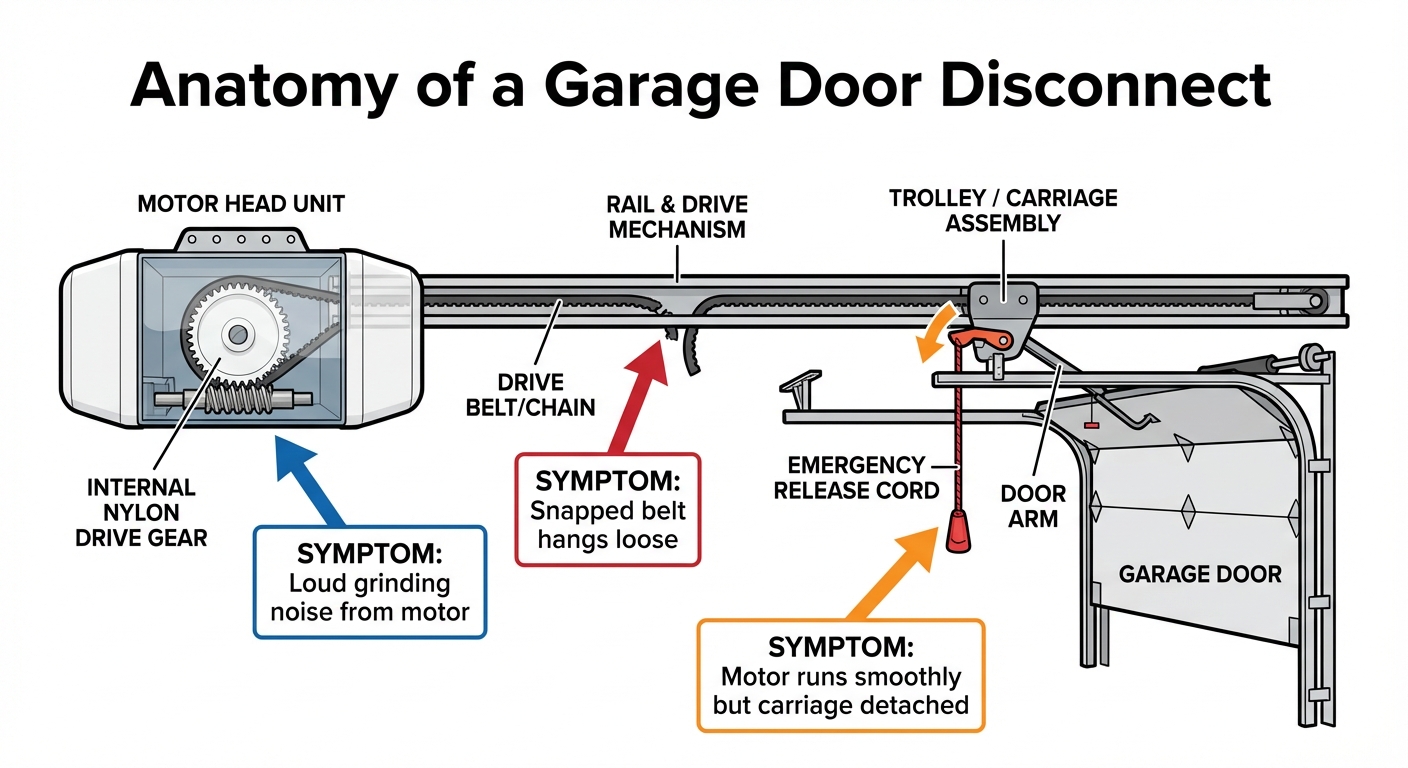 Anatomy of a Garage Door Disconnect showing the motor head, drive system, trolley, and carriage components