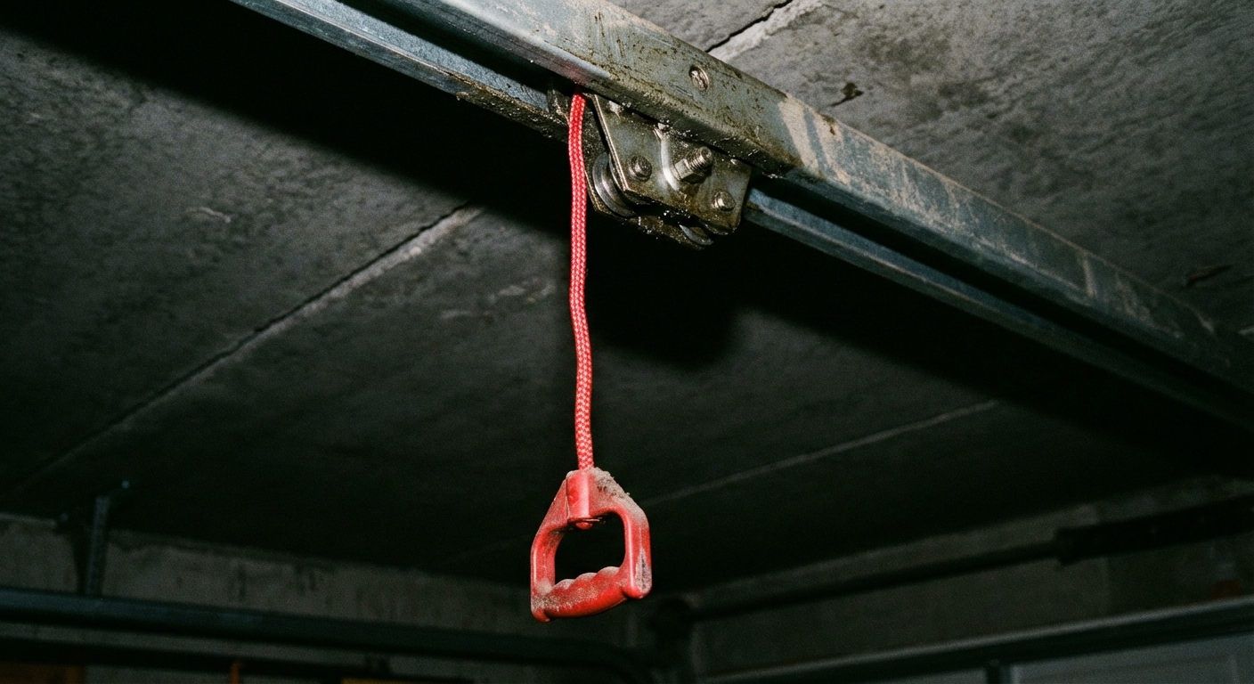 Red emergency release cord hanging from garage door opener trolley