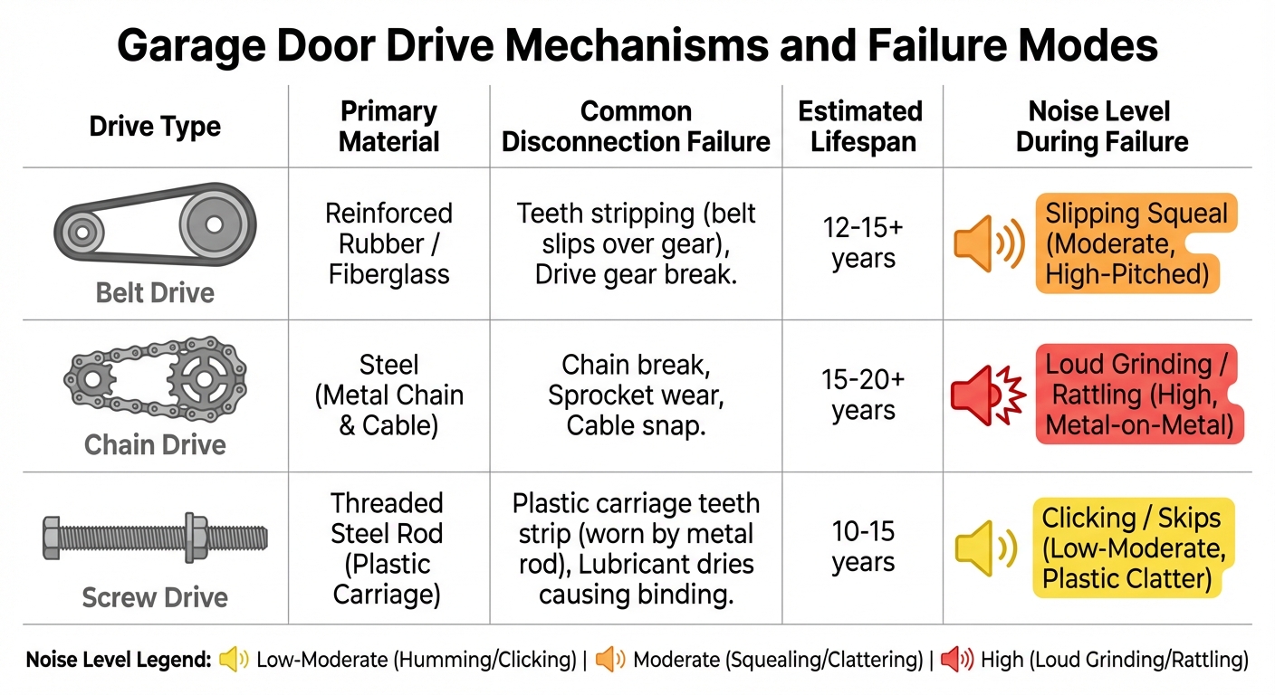 Comparison of garage door drive mechanisms showing belt, chain, and screw drive systems with their failure modes and lifespans