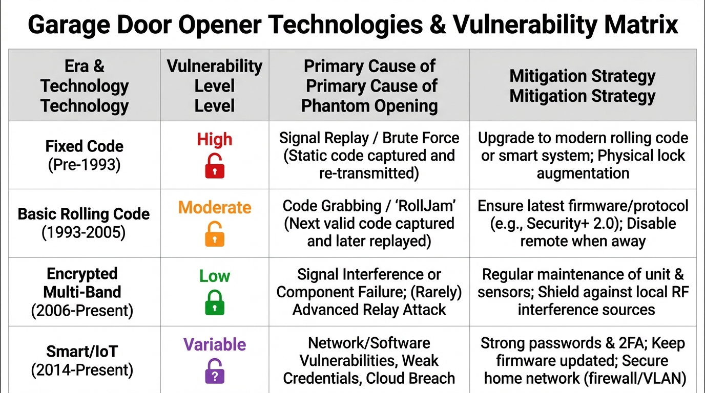 Garage Door Opener Technologies & Vulnerability Matrix