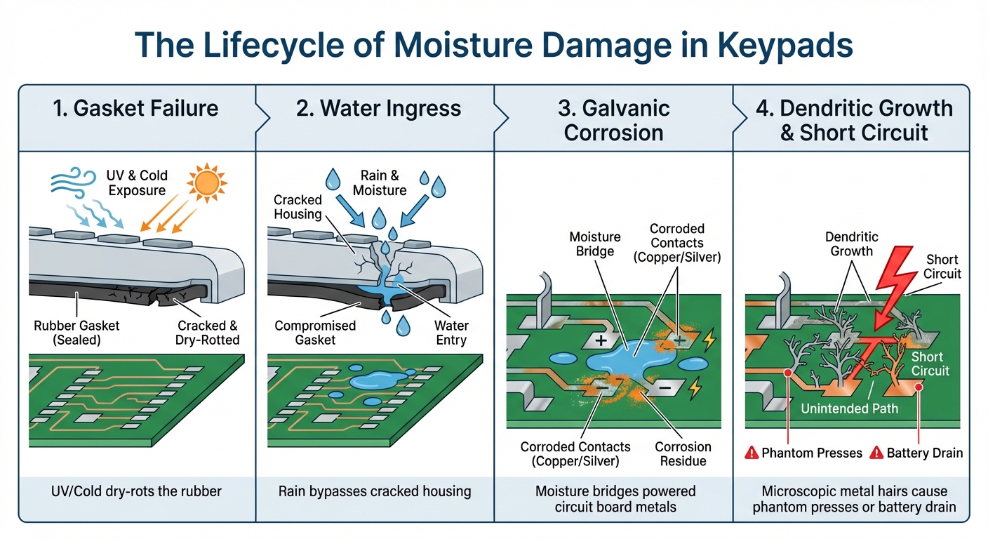 The Lifecycle of Moisture Damage in Keypads