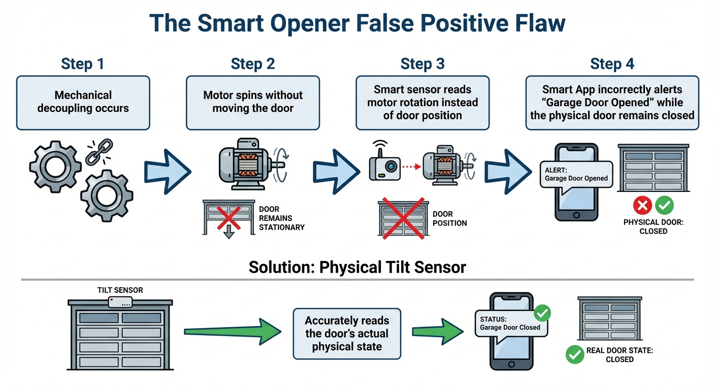 Diagram showing how smart garage door systems can report false status when mechanical failures occur